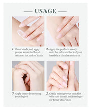 Usage instructions for avocado hand cream application with hands in four steps.