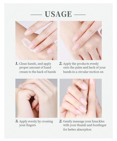 Usage instructions for avocado hand cream application with hands in four steps.