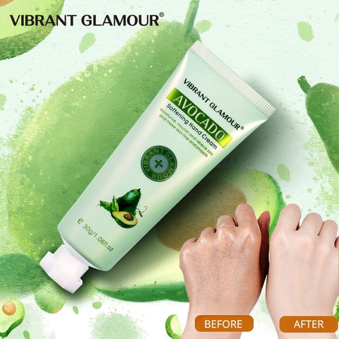 Avocado hand cream by Vibrant Glamour in a tube with before and after hand images, promoting deep moisturizing care.