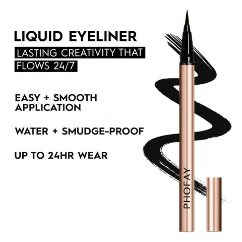 PHOFAY waterproof eyeliner in a sleek rose gold tube with a precise applicator and black liner stroke.
