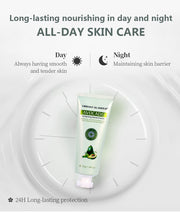Avocado hand cream by VerdeLux, showing all-day skin care benefits for smooth and tender skin.