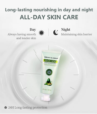 Avocado hand cream by VerdeLux, showing all-day skin care benefits for smooth and tender skin.