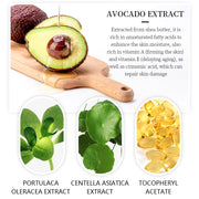 Avocado extract and plant extracts including Portulaca Oleracea, Centella Asiatica, and Tocopheryl Acetate for skincare.
