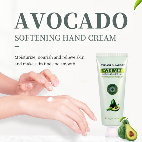 Avocado hand cream in a tube, moisturizing and softening dry skin with natural ingredients.
