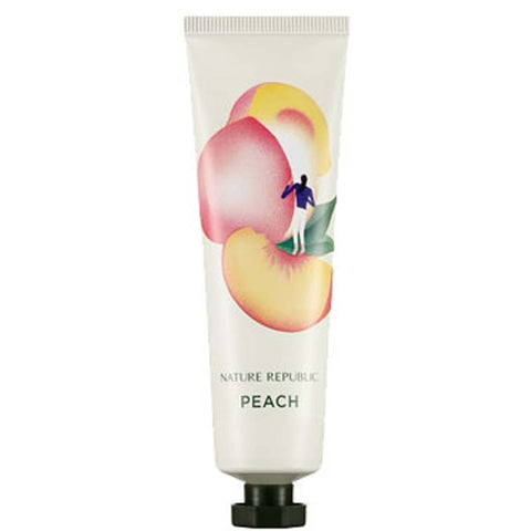 non greasy hand cream in a peach-themed tube from Nature Republic, moisturizing for all skin types.