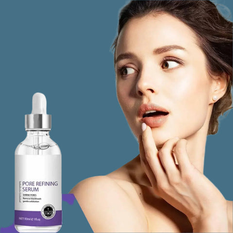 Pore minimizing serum with a woman touching her face on a white background