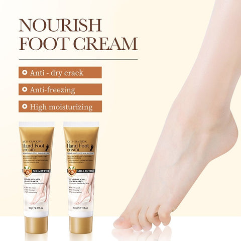 Nourish foot cream tube packaging highlighting benefits like anti-dry crack and high moisturizing for effective skin care.