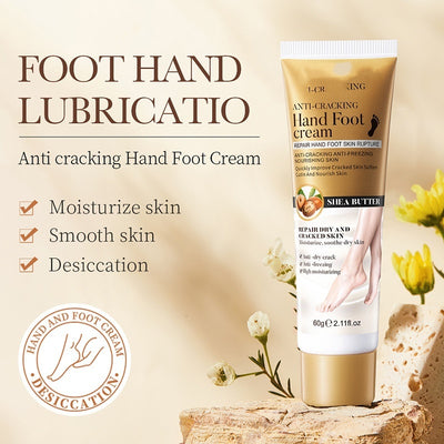 Crack-proof hand cream in a gold tube, designed to moisturize and smooth cracked skin on hands and feet.